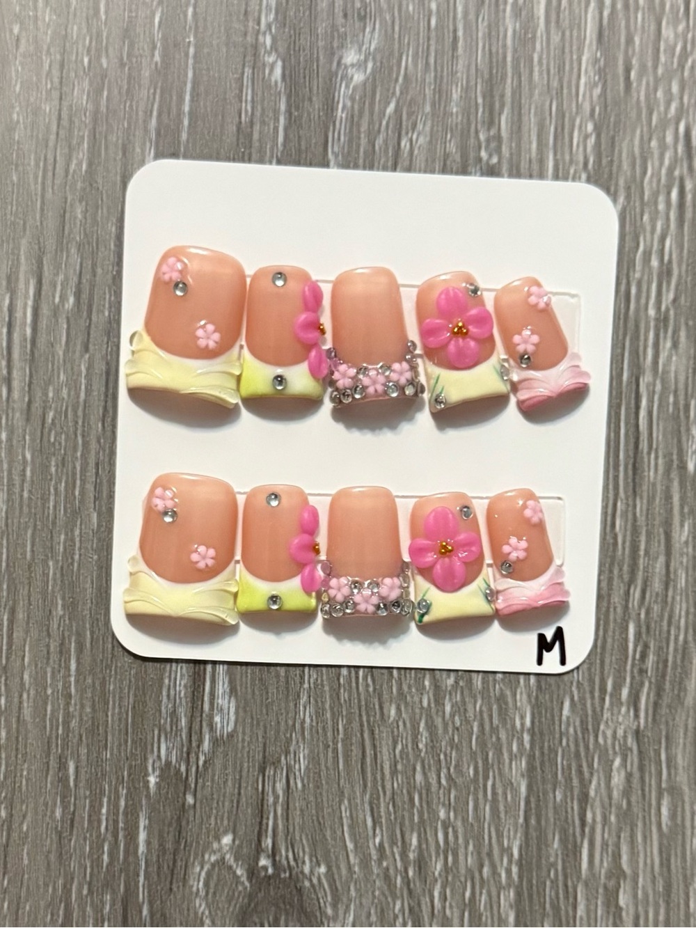 Pink Floral 3D Press-On Duck Nails with Yellow Accents